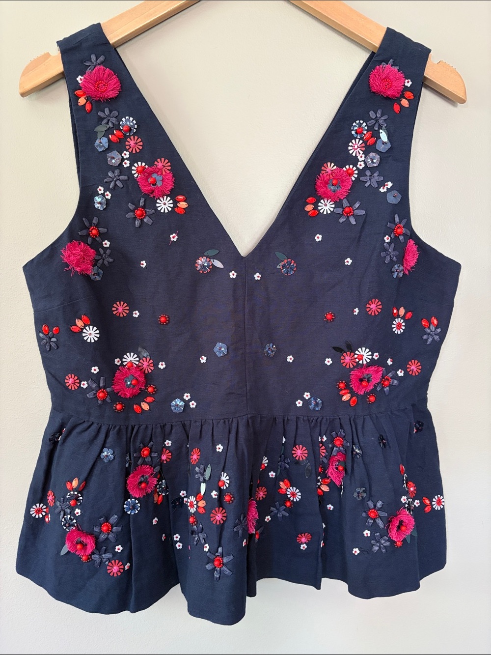 J. Crew Beaded Embroidered Embellished Peplum Sleeveless Top Size 4 Navy Blue